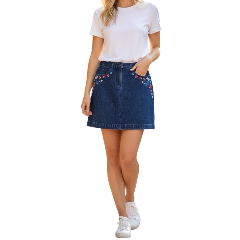 THE KOOPLES DENIM BLUE FLORAL EMBROIDERED MINI A-LINE SKIRT XS
